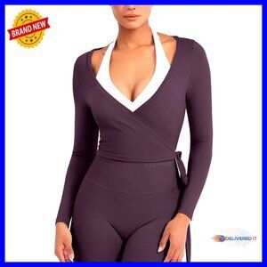 Long Sleeve Wrap Crop Top for Yoga Pilates Workouts Stretchy Fabric